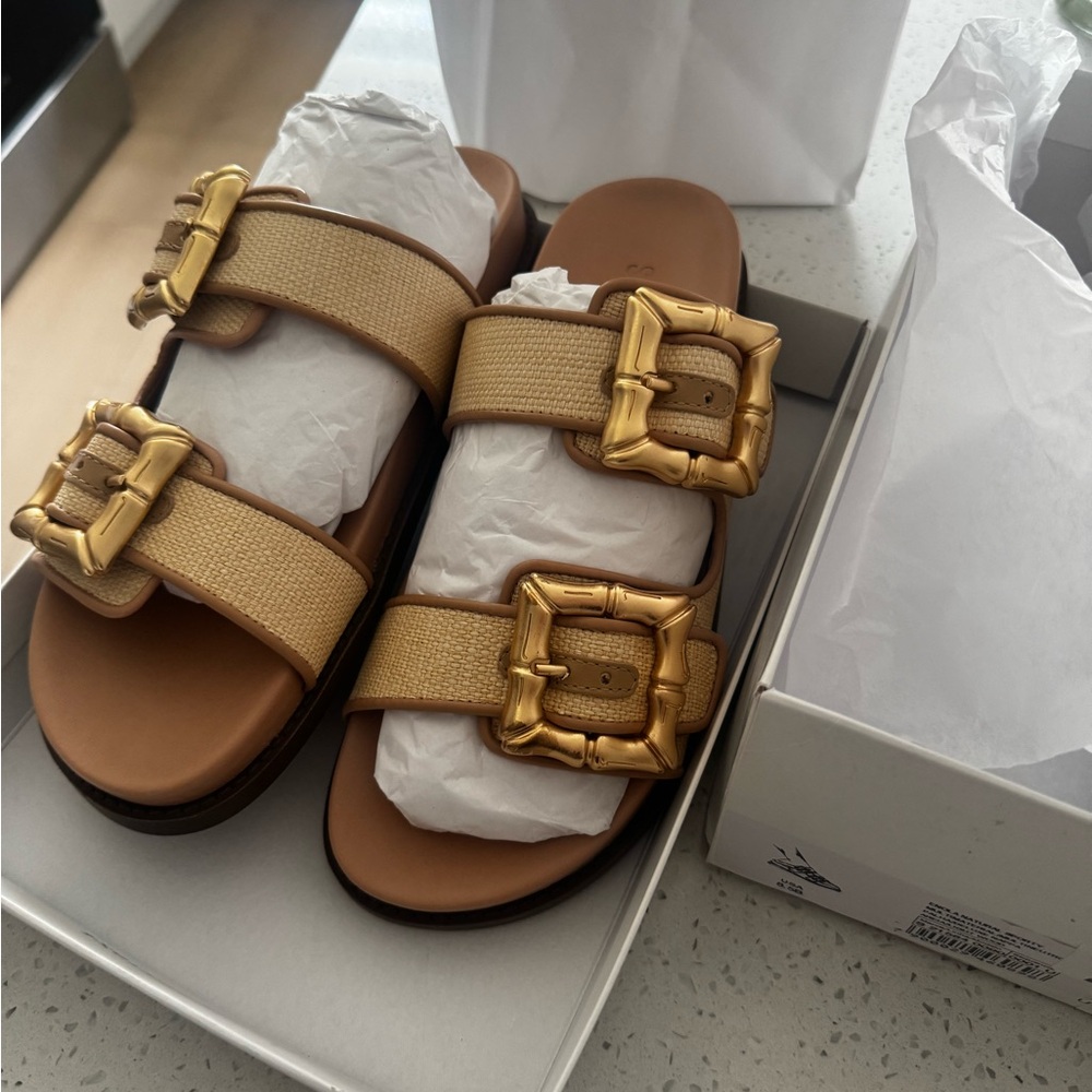 SCHUTZ Enola Natural Sporty Slide Sandals Women's Gold Buckle Sandals Size 8.5